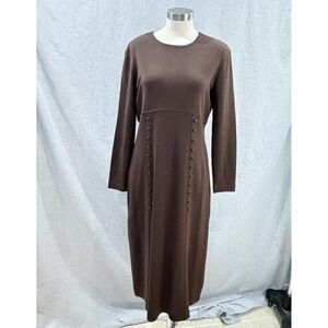 Vintage 80s Nina Charles for Kasper Brown Knit Midi Dress Button Detail Petite M